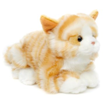 Katze mit Stimme, liegend (braun-weiß) - 20 cm (Länge)