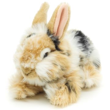 Löwenkopf-Kaninchen, liegend (schwarz-braun-weiß gescheckt) - Mit aufgestellten Ohren - 23 cm (Länge) -- Plüsch-Hase