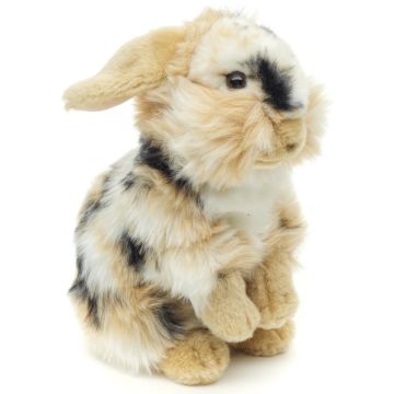 Löwenkopf-Kaninchen, stehend (schwarz-braun-weiß gescheckt) - Mit hängenden Ohren - 23 cm (Höhe) -- Plüsch-Hase