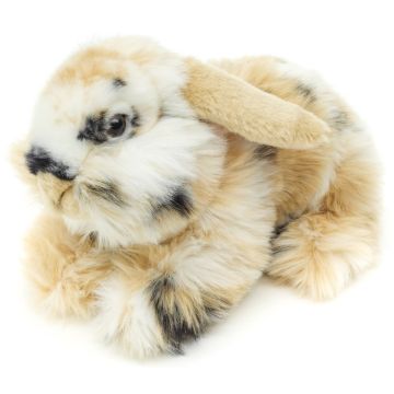 Löwenkopf-Kaninchen, liegend (schwarz-braun-weiß gescheckt) - Mit hängenden Ohren - 23 cm (Länge) -- Plüsch-Hase