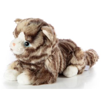 Hauskatze grau-getigert, liegend - 25 cm (Länge) -- Plüsch-Katze
