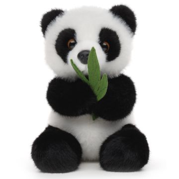 Pandabär mit Blatt, sitzend - 18 cm (Höhe) -- Plüsch-Panda